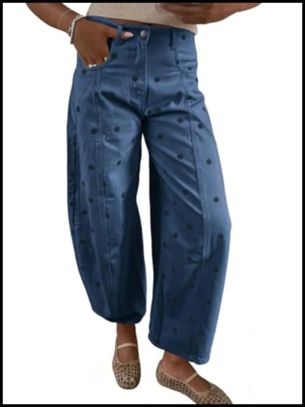 Polka Dot Pattern Barrel Jeans Wide Leg Boyfriend Mid Rise Denim Pants